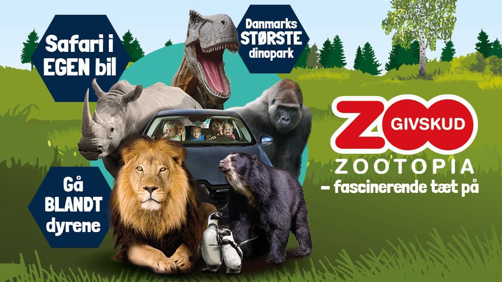 Givskud Zoo banner image with animals around a car on a green field